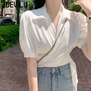 JOEVILU polo collar short short sleeve shirt women summer thin slim cross tops white sexy lined tops Women's Clothing Tees