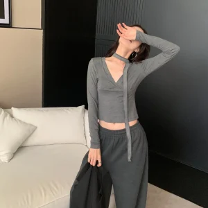 NUOMICI Gray V-neck Long Sleeve Knitted Shirt Women's Autumn Clothing Slim Fit Elegant Sexy Short Tops Female T-shirt Tee