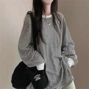 Women Stripe Tshirt Hoodies O-neck Long Sleeve Loose T-shirt Female Korean Style White Neckline Girl Women Clothing Autumn 2024