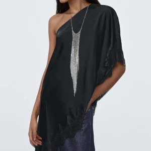 European and American style women's clothing new fashion temperament sexy asymmetric lace patchwork top