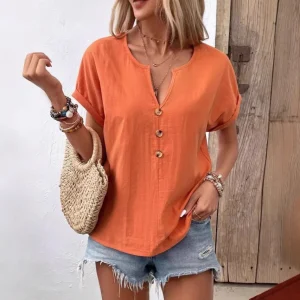 V-neck short sleeved T-shirt top for summer 2025 new European and American women's button up clothing